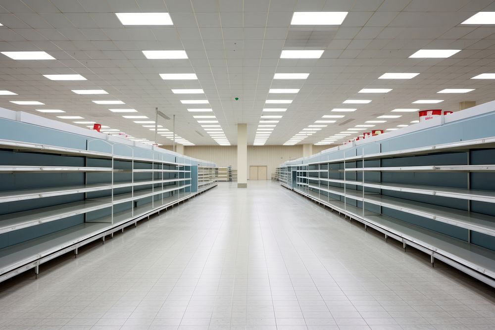 Supermarket cleaning aisle architecture consumerism repetition. 