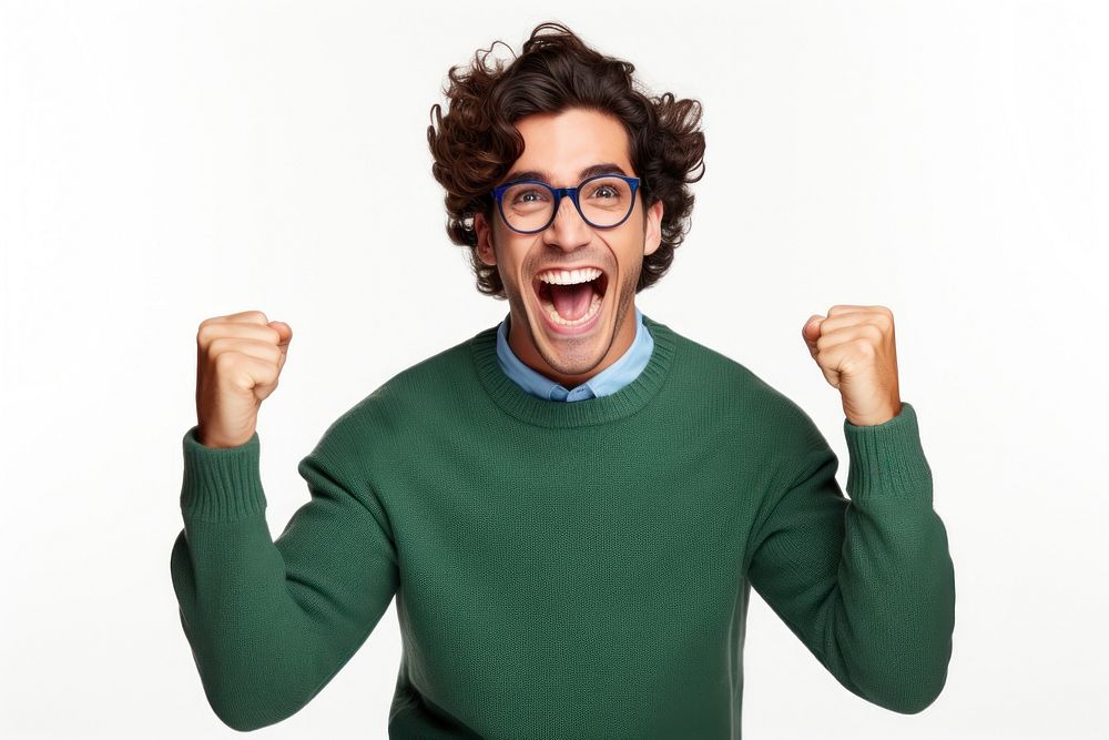 A Young handsome man glasses sweater shouting. AI generated Image by rawpixel.