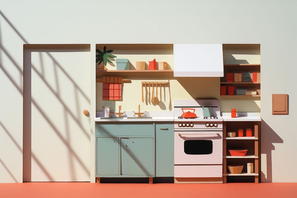 Kitchen paper collage furniture shelf.