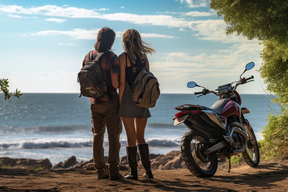 Travel biker couple motorcycle backpack vacation. AI generated Image by rawpixel.