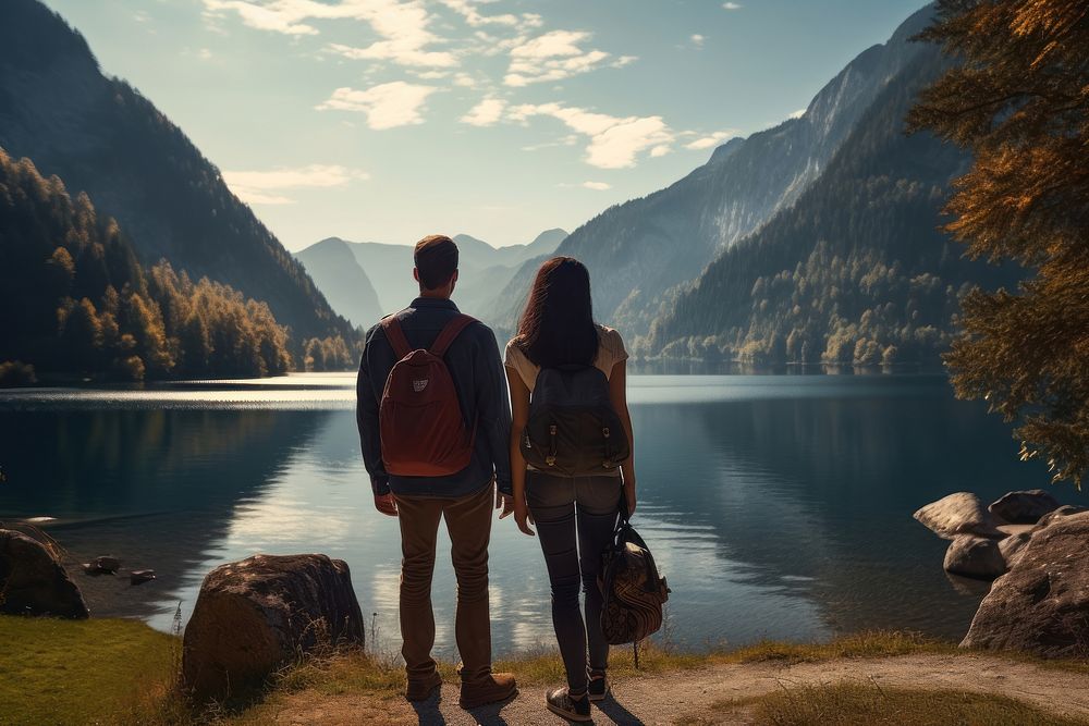 Travelers couple adventure mountain outdoors. 