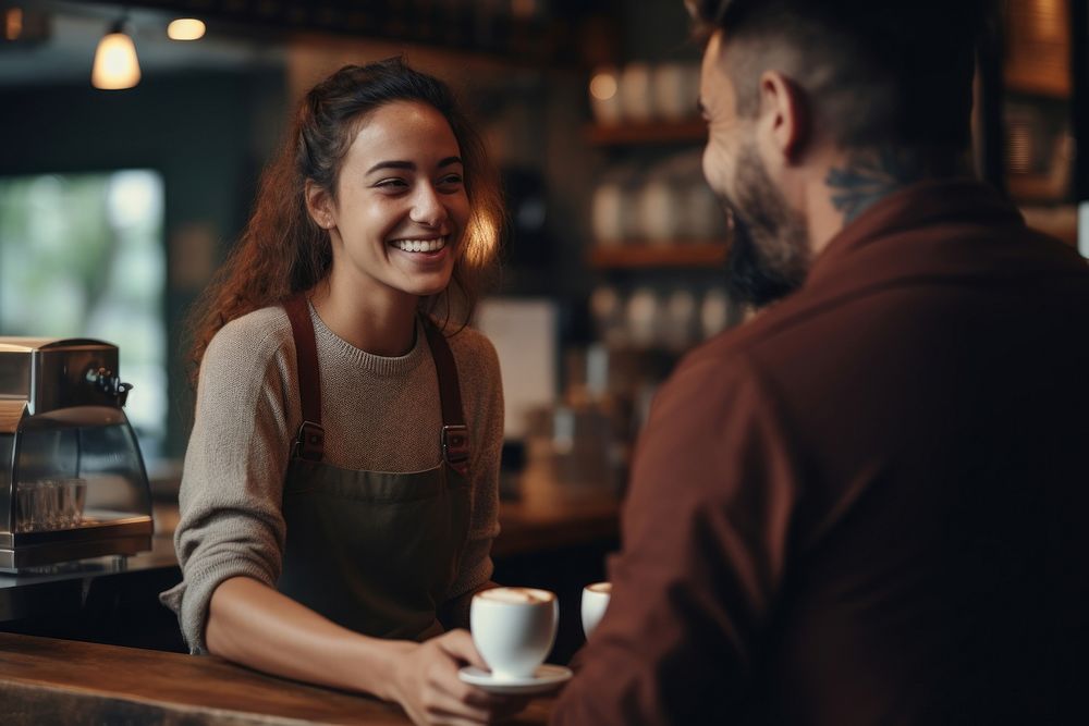 Barista giving coffee customer cafe cup. 