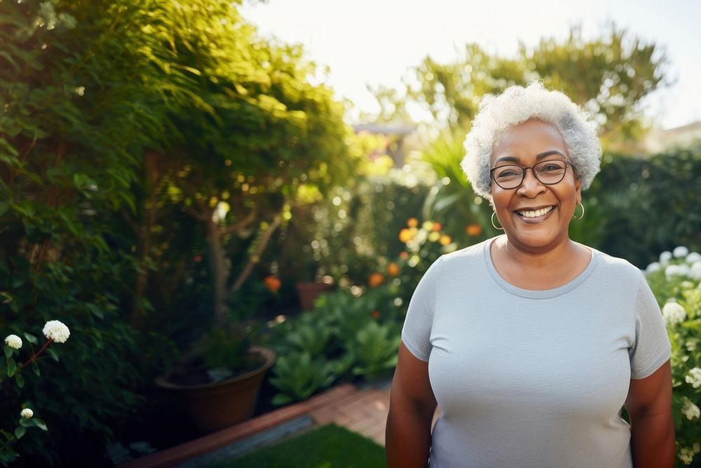 Chubby senior black outdoors glasses nature. AI generated Image by rawpixel.
