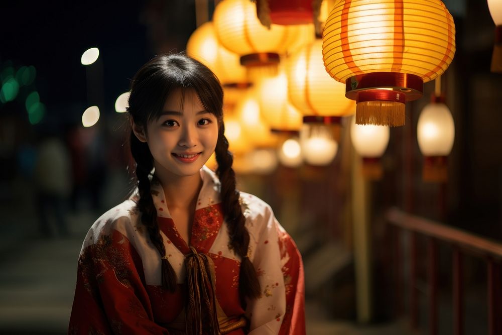 A plain-looking japanese woman portrait lantern smile. AI generated Image by rawpixel.