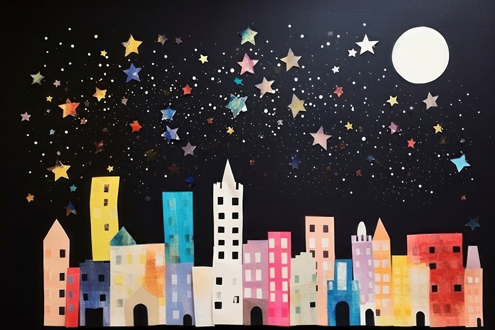 Night city astronomy painting. 