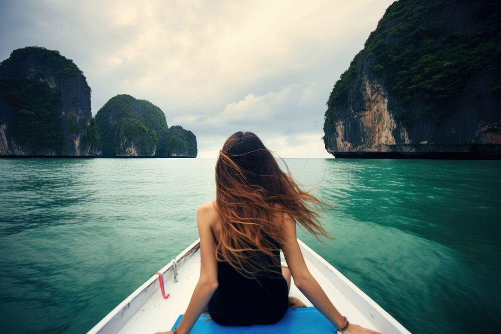 Woman ocean boat watercraft.