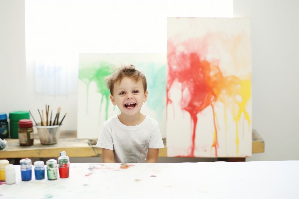 Happy kid color painting portrait studio brush. AI generated Image by rawpixel.