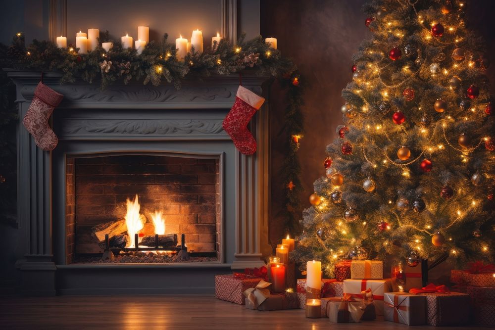 Christmas tree christmas fireplace glowing. AI generated Image by rawpixel.