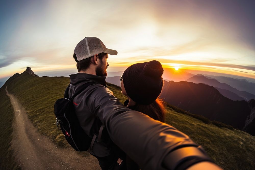 Happy couple backpacker adventure mountain outdoors. AI generated Image by rawpixel.