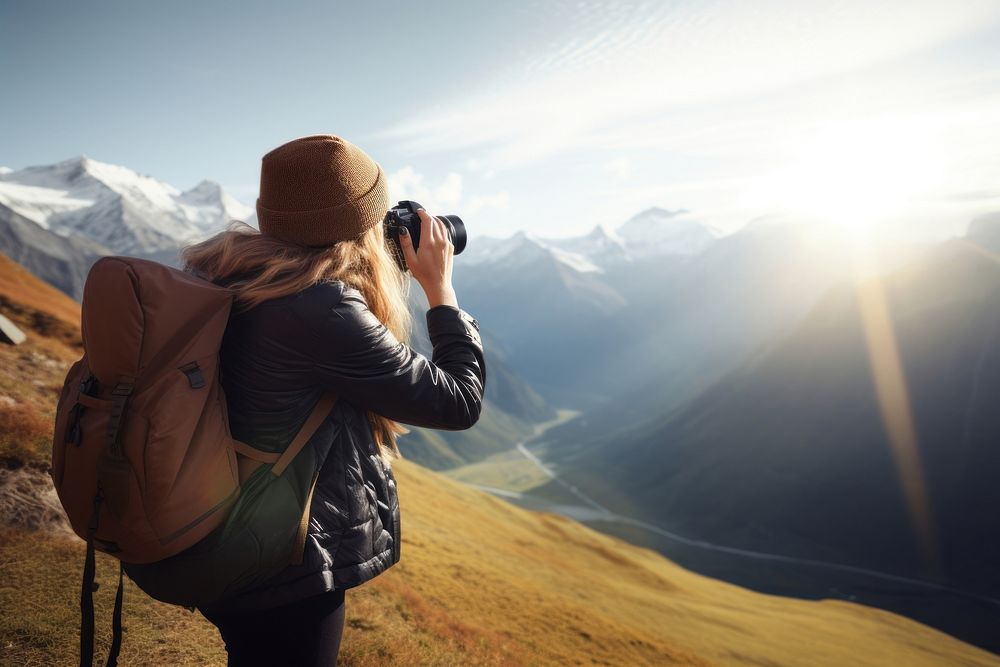 Backpacker woman mountain camera adult. 