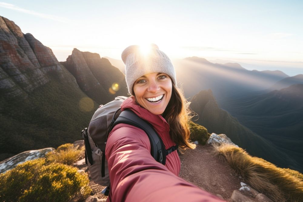Backpacker woman mountain selfie adventure. AI generated Image by rawpixel.