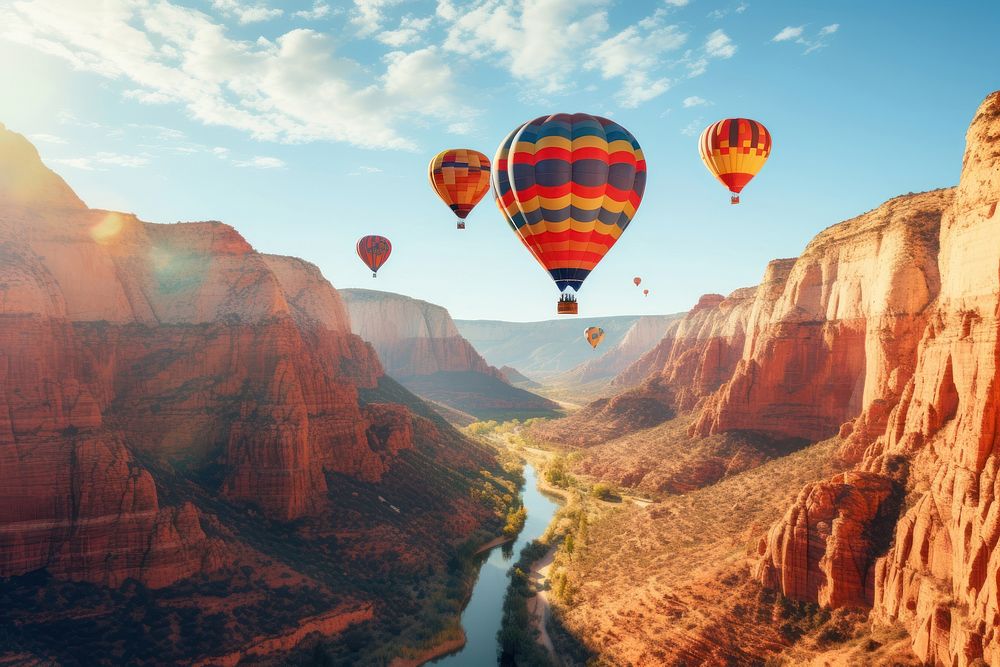Hot air ballons canyon landscape mountain. AI generated Image by rawpixel.