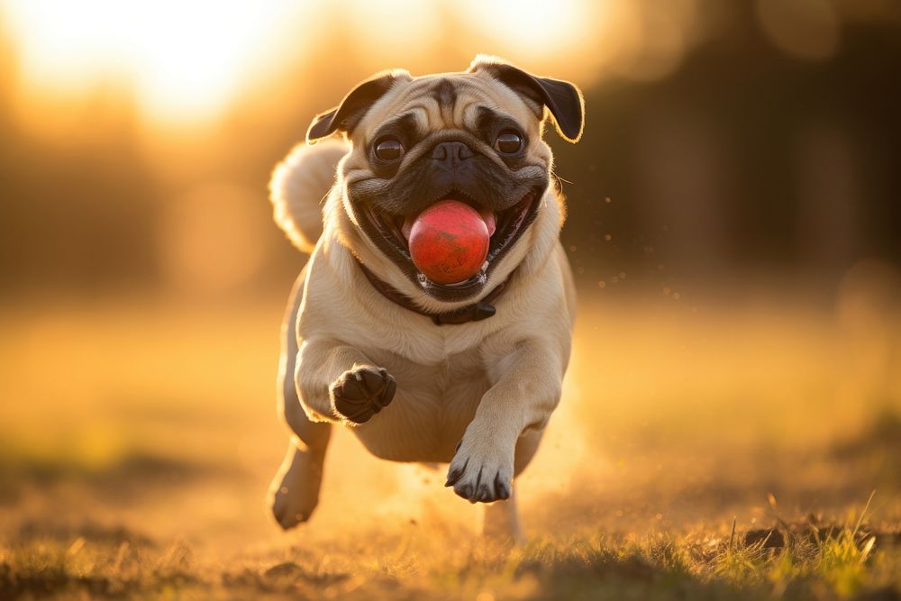 Dog pug outdoors running. 