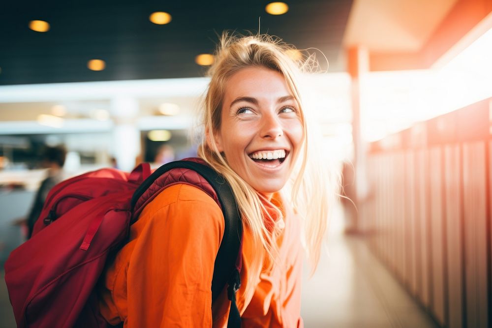 Woman backpacker laughing smile adult. 