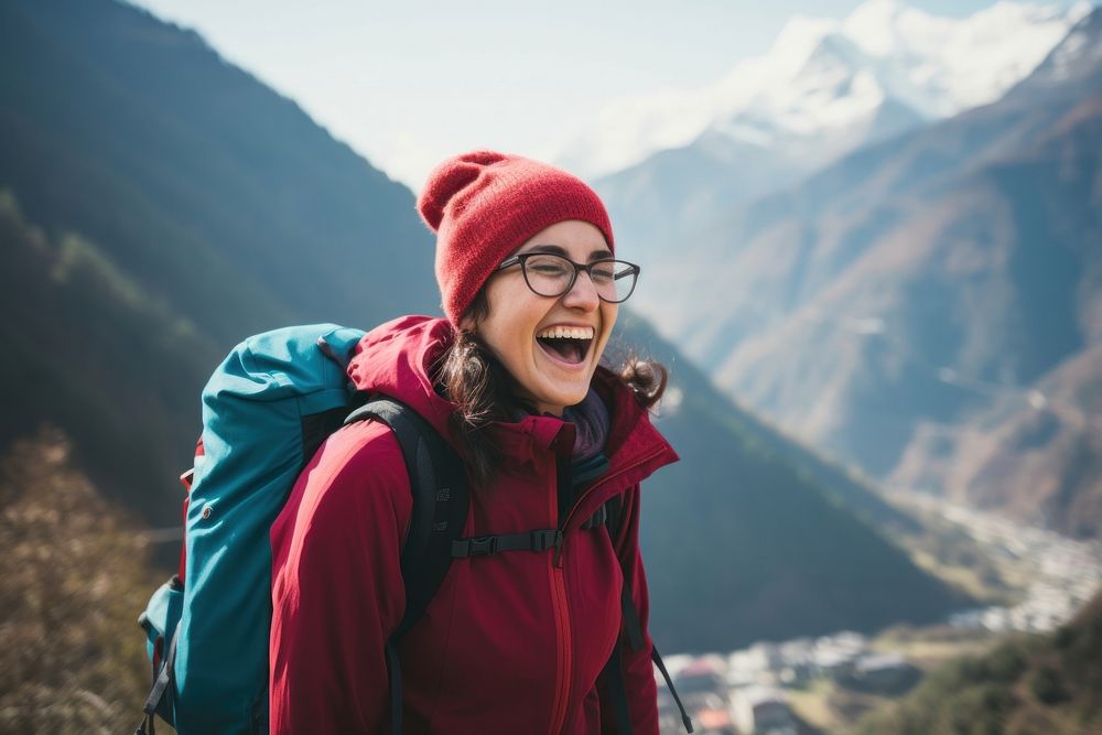 Happy Woman backpacker adventure laughing mountain. 