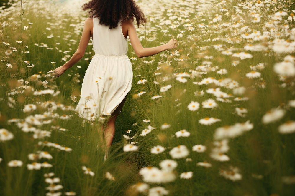 Happy woman walking flower daisy. AI generated Image by rawpixel.