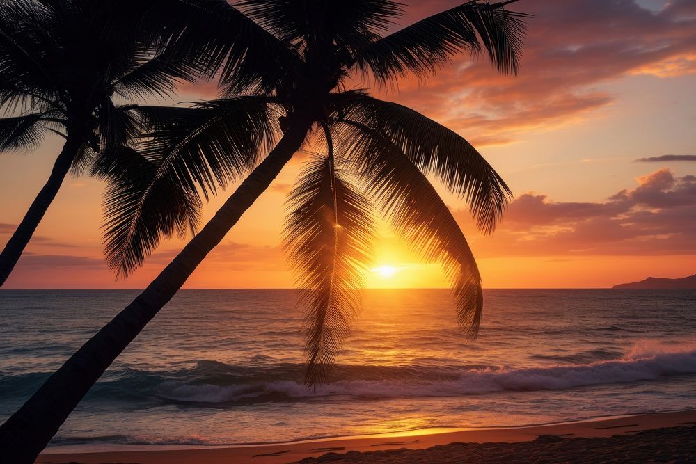 Sunset beach tree silhouette. 