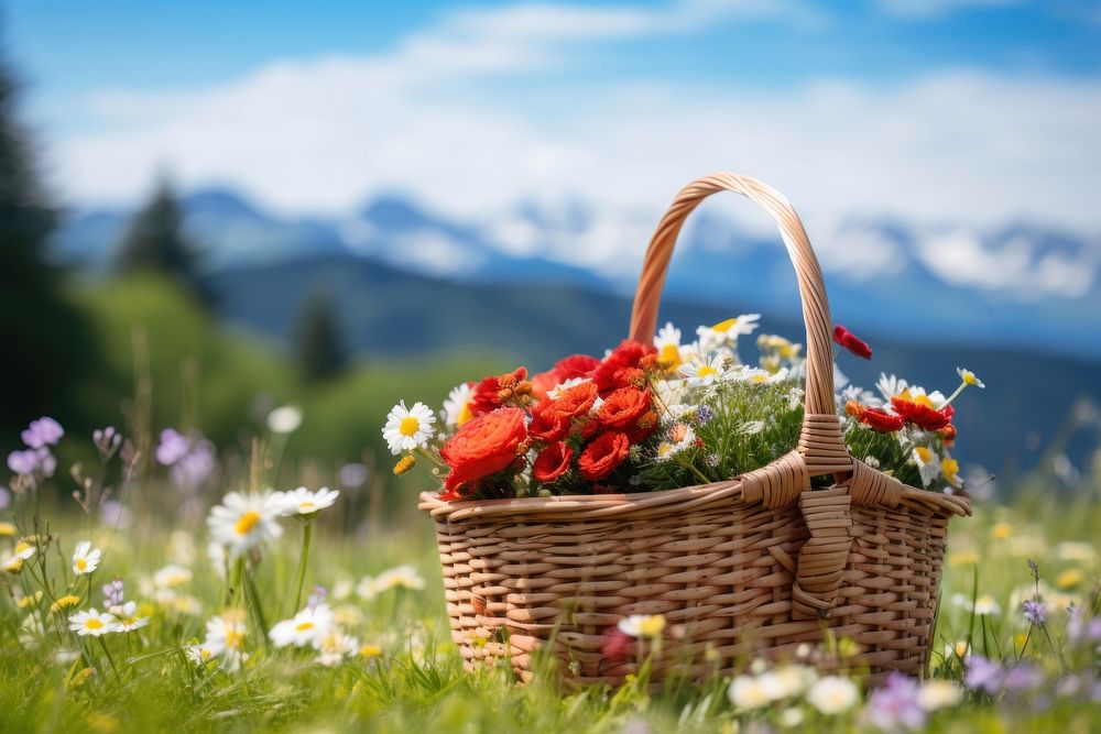 Flowery meadow picnic mountain basket. AI generated Image by rawpixel.