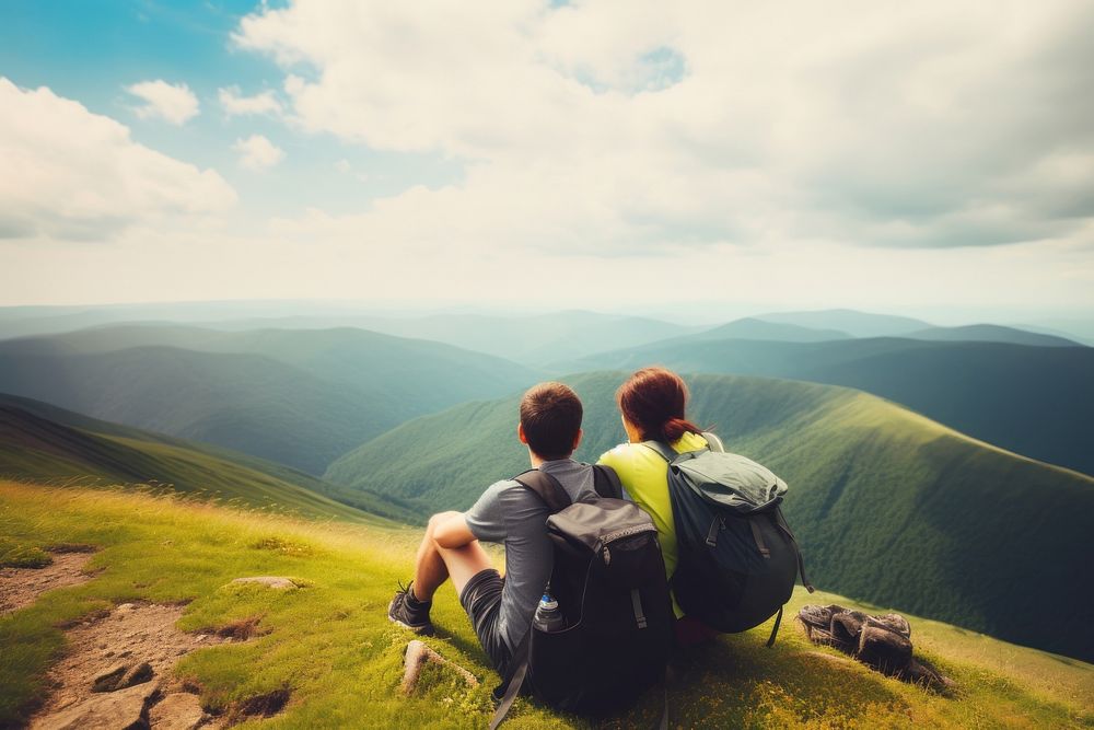 Couple backpacker adventure mountain outdoors. AI generated Image by rawpixel.