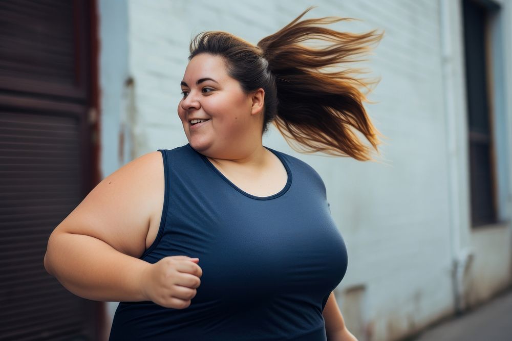 Happy chubby athletic woman portrait jogging adult. AI generated Image by rawpixel.