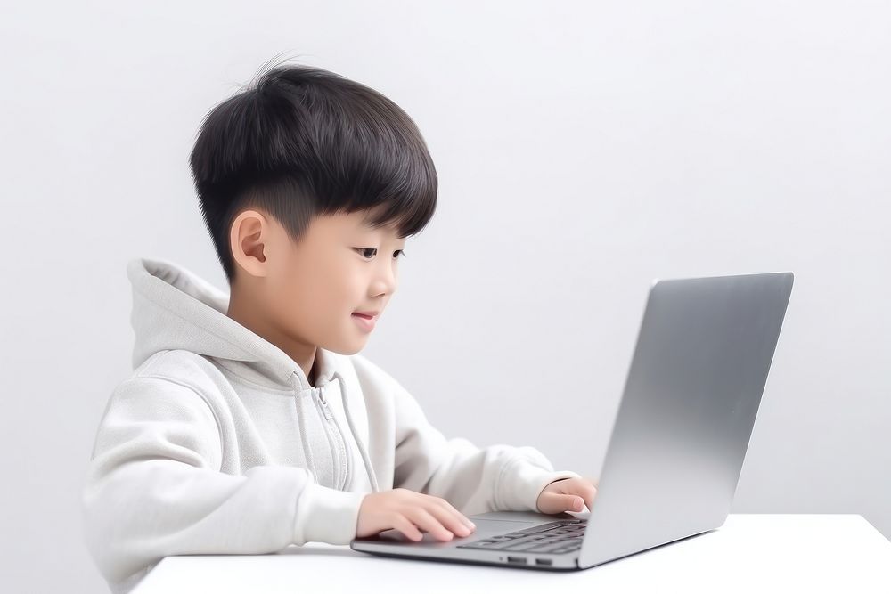 Little asian boy student study online computer laptop child. 