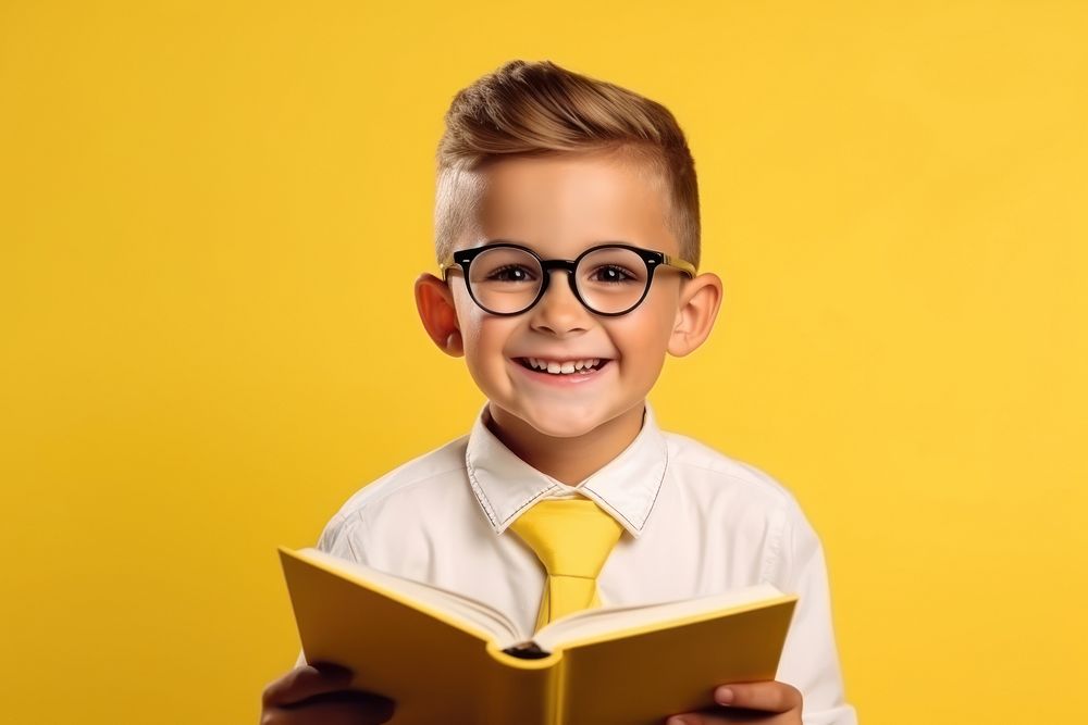 Kid boy wear glasses read book publication portrait reading. AI generated Image by rawpixel.