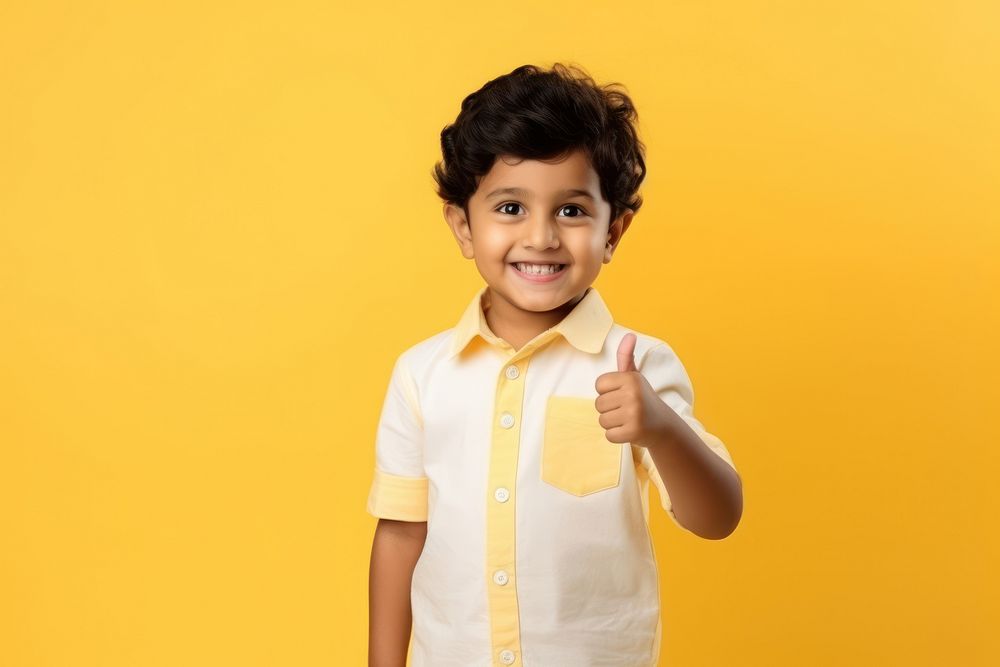 Kid study boy pointing portrait yellow smile. 