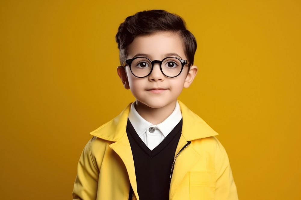 Kid study boy Wear glasses portrait yellow photo. AI generated Image by rawpixel.