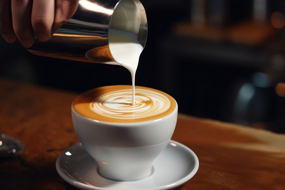 Barista pouring milk coffee latte drink. 