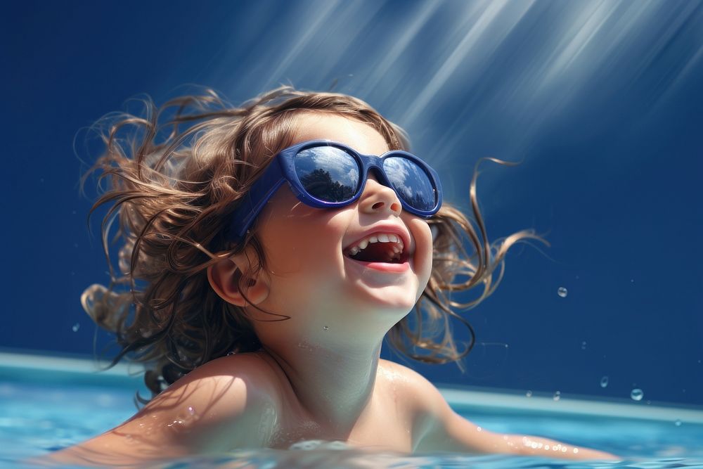 Sunglasses swimming laughing portrait. 