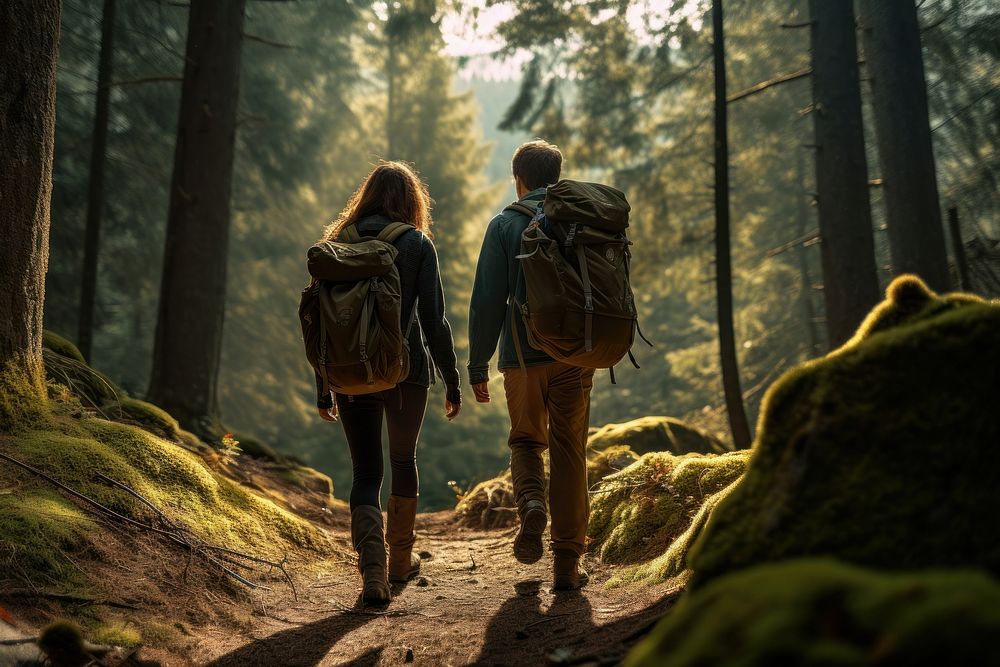 Couple hiking adventure outdoors backpack. AI generated Image by rawpixel.
