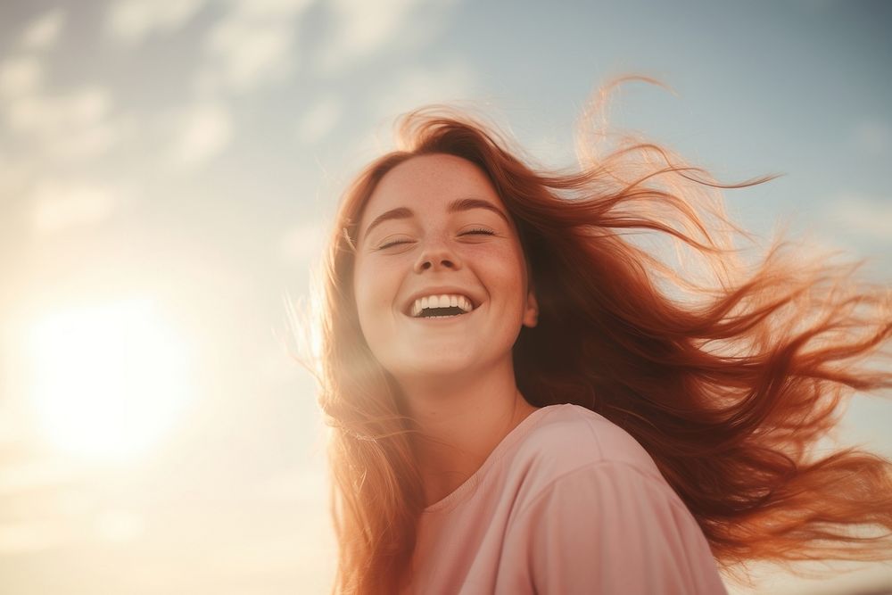 Young chubby woman laughing outdoors smile. AI generated Image by rawpixel.