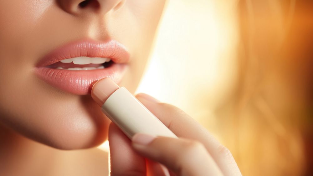 Woman holding lip balm cosmetics lipstick perfection. 