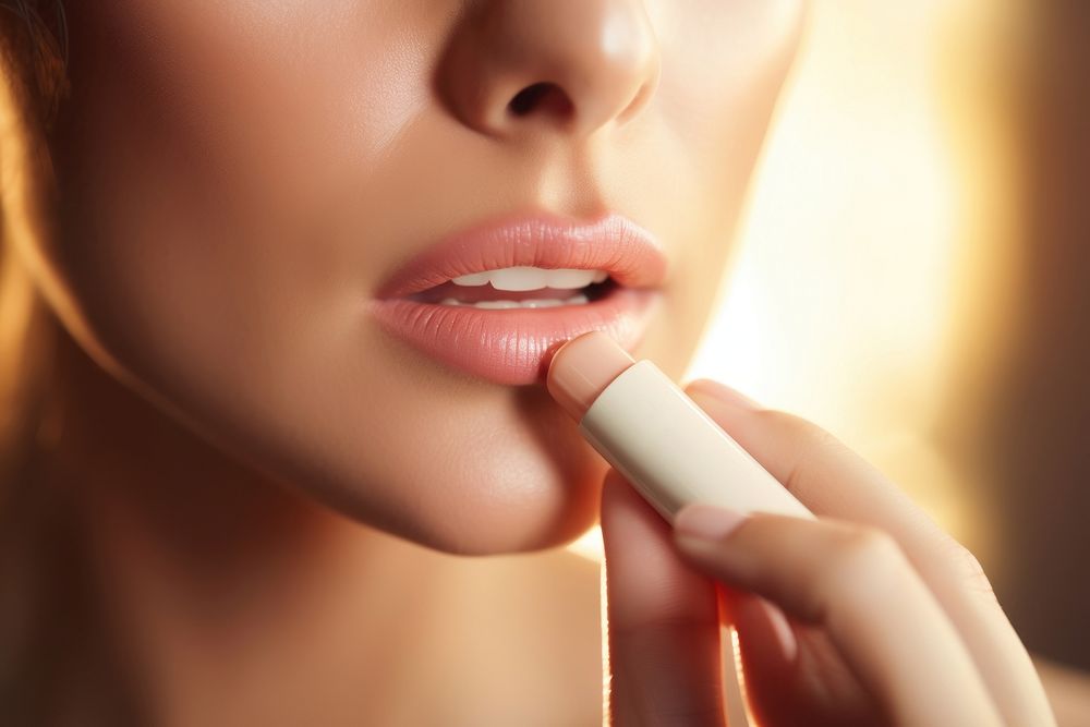 Woman holding lip balm cosmetics lipstick applying. 