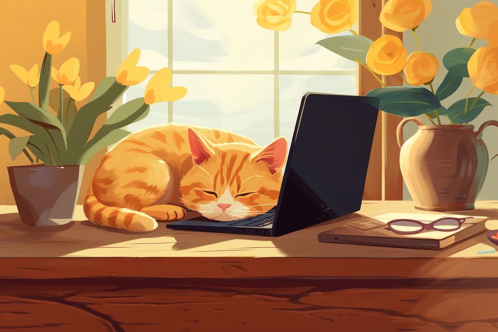Cat sleeping laptop table furniture. AI generated Image by rawpixel.