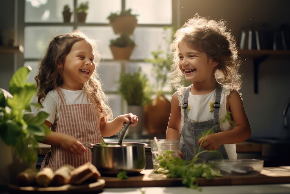 Kids cooking kitchen child happy. AI generated Image by rawpixel.