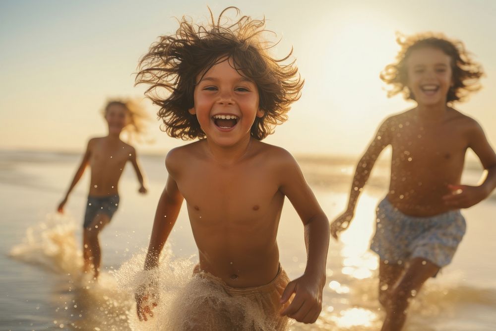 Kids playing laughing outdoors beach. AI generated Image by rawpixel.