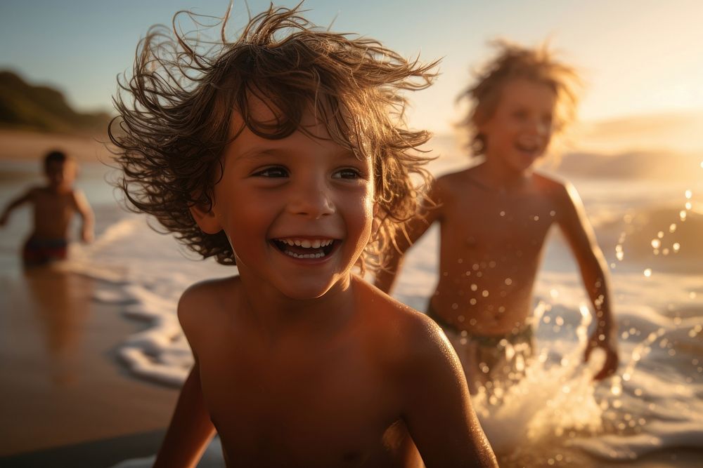 Kids playing beach laughing portrait. 