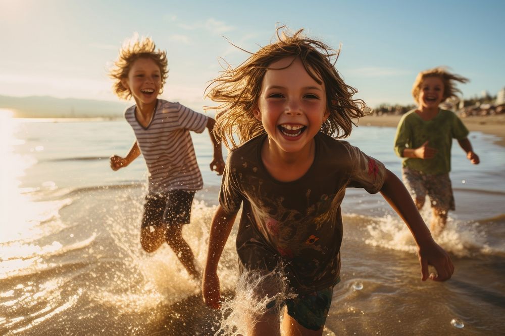 Kids playing beach outdoors child. AI generated Image by rawpixel.