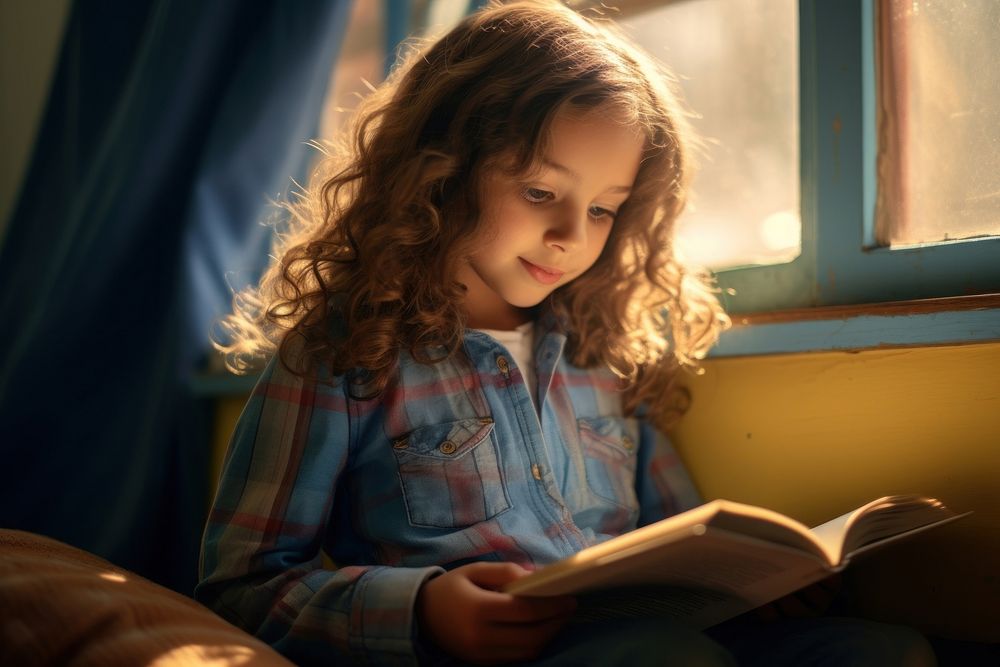 Kid girl reading publication portrait light. AI generated Image by rawpixel.