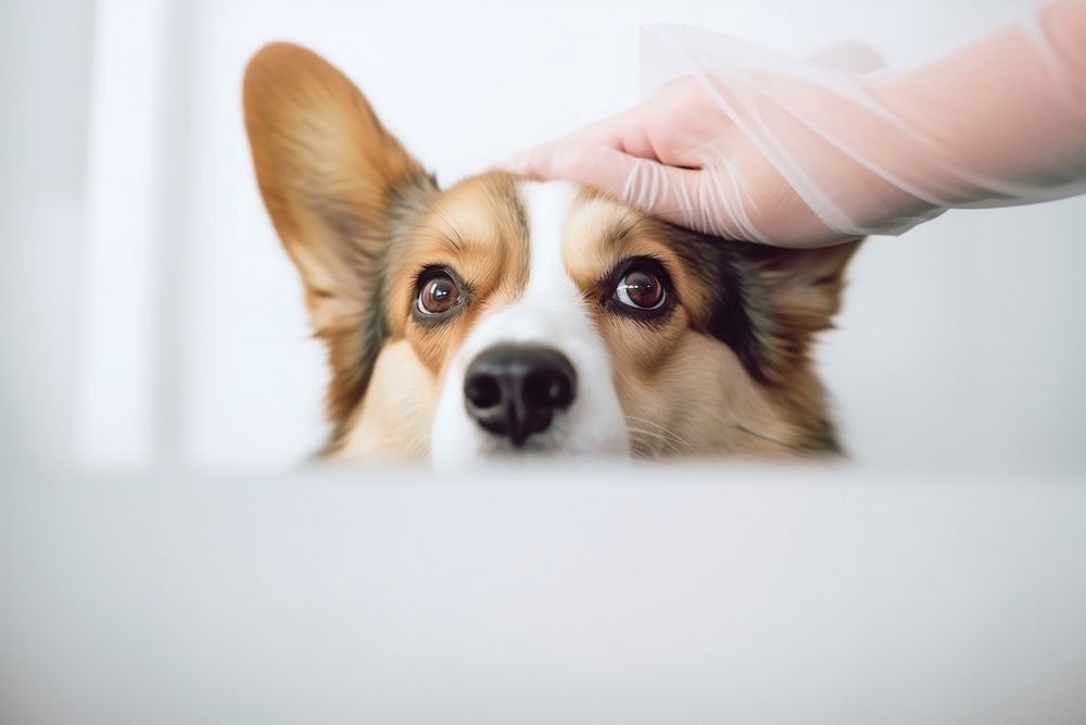 minimal, photo of Veterinarian examines the eyes of a sick corgi dog. AI generated Image by rawpixel.