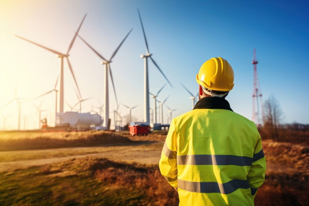 photo of wind turbine worker checking installation. AI generated Image by rawpixel.