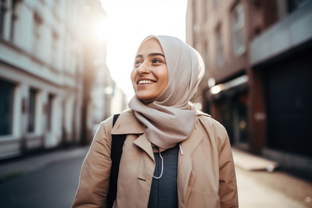 Muslim woman cheerful street scarf. 