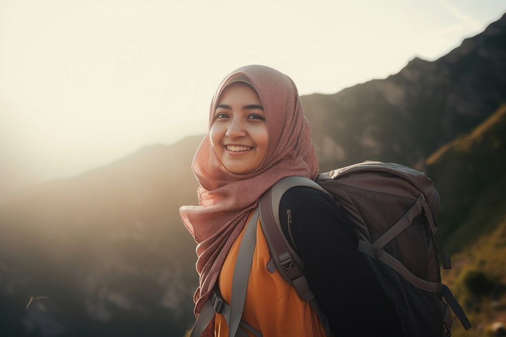 Muslim woman backpacker adventure mountain cheerful. 