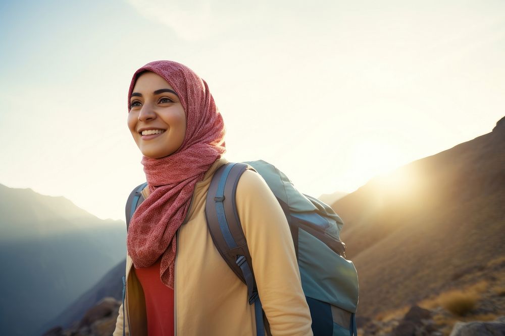 Muslim woman backpacker cheerful mountain adult. 