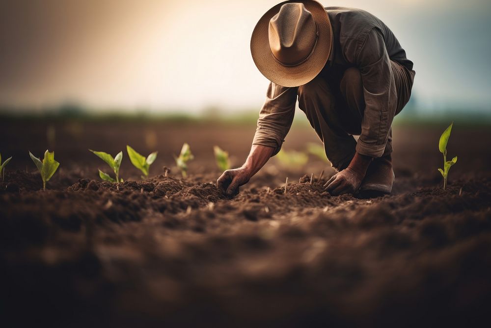 photo of a dusty farmer planting crop. AI generated Image by rawpixel.