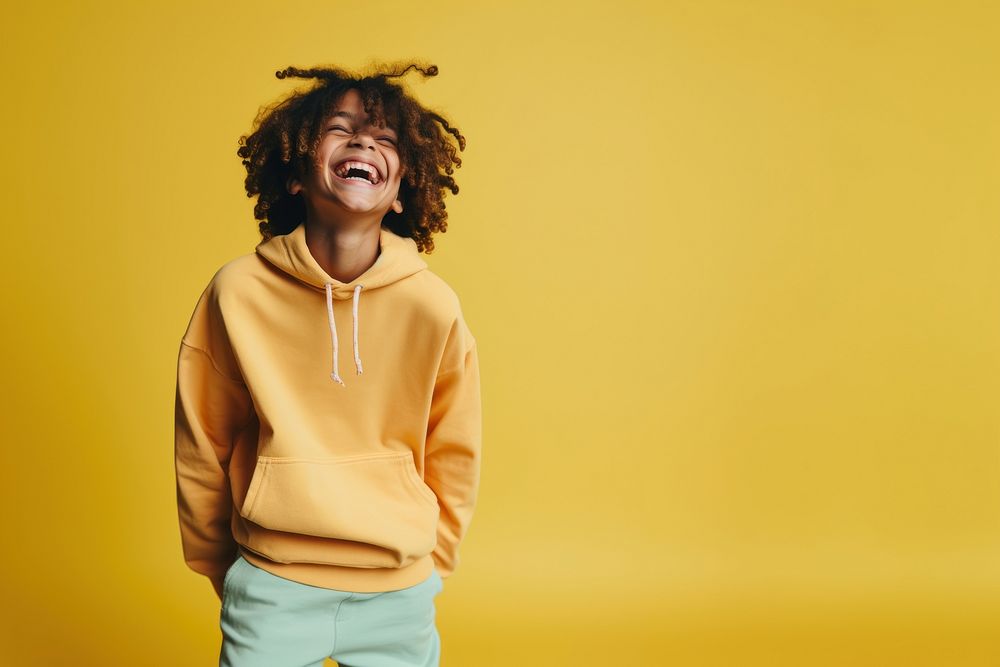 Kids wearing streetwear laughing sweatshirt sweater. 