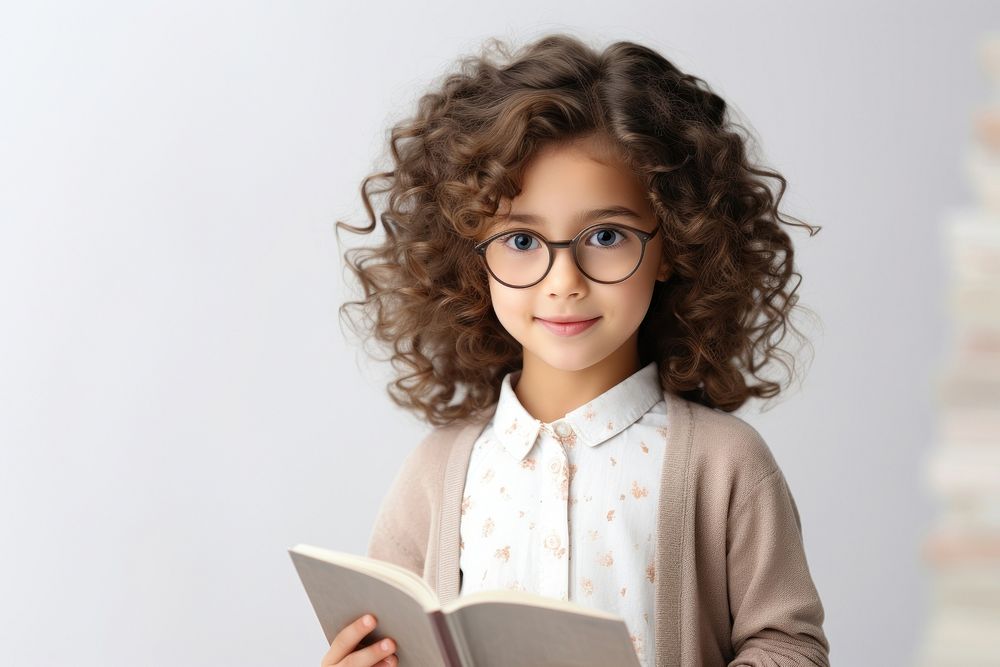 Little girl wearing eyeglasses reading publication child book. AI generated Image by rawpixel.