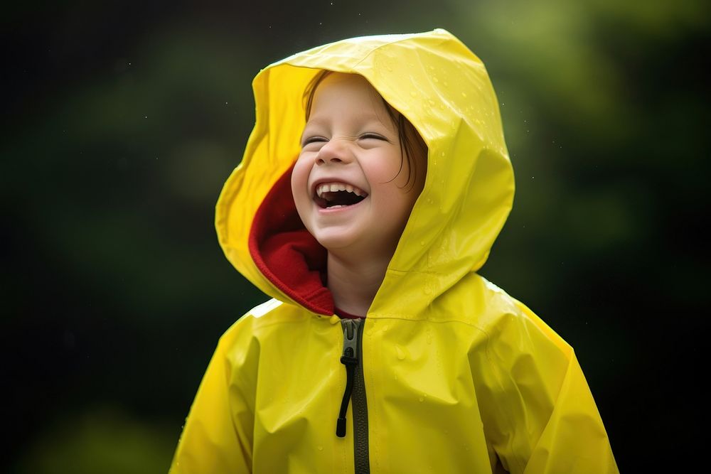 Smiling kid wearing a raincoat day protection sweatshirt. 