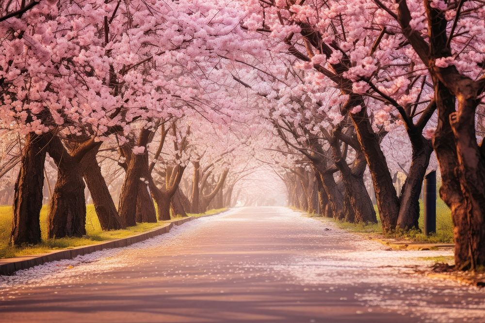 Cherry blossoms road landscape outdoors nature. 